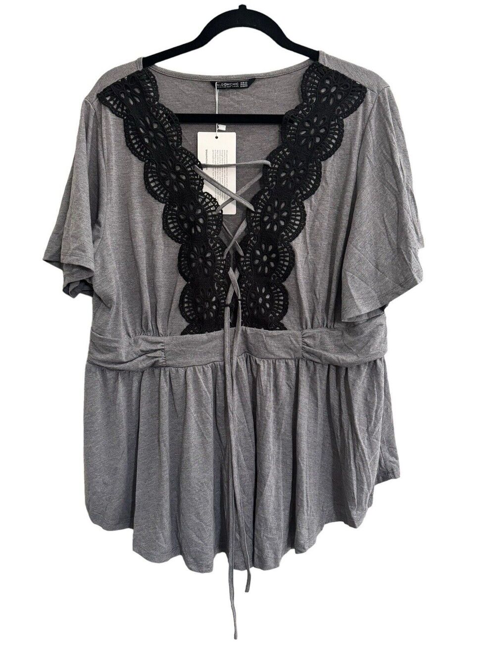 BLoomChic Womens 18-20 Gray Laceup Tie Tunic Top Black Crochet NWT #1992